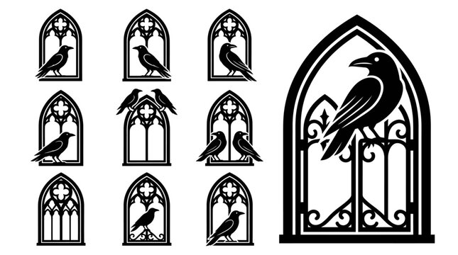 Gothic Window Silhouettes with Crows - Vector Art Collection