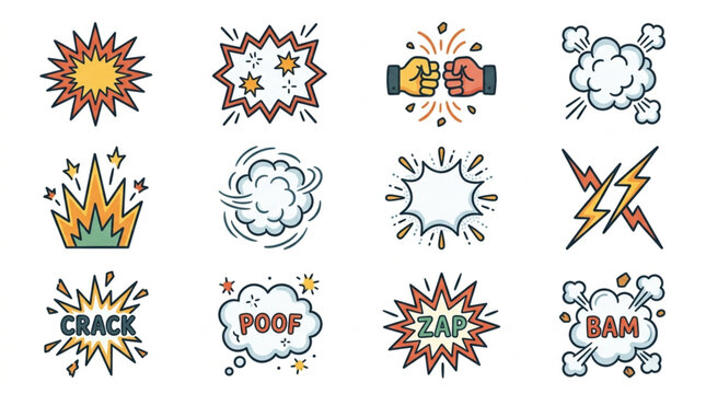Collection of comic book style explosion and action sound effect icons.