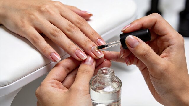 Professional manicure treatment in beauty salon, applying clear nail polish, hand care service, cosmetic procedure, nail art preparation, female grooming, wellness spa experience,