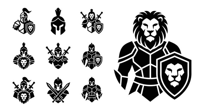 Warrior Icons: Lion Knight Armor, Spartan Helmet, Shield Emblem, Medieval Soldier Symbols