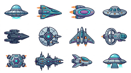 Collection of cartoon style spaceships and alien UFOs. © Mutmainah