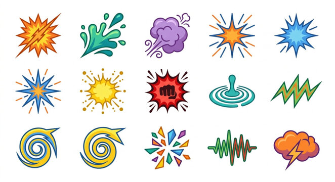 Collection of colorful comic book style explosion and sound effect icons.