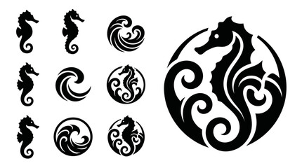 Seahorse and Wave Icons Set - Nautical Marine Life Vector Graphics © khami