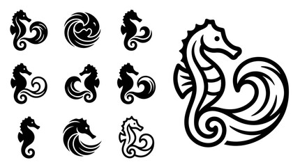 Seahorse Wave Icons Set, Marine Life Vector Graphics, Ocean Creature Symbols © khami