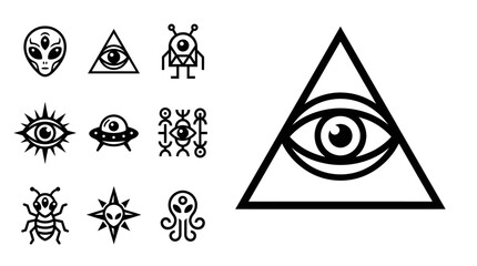 Mysterious Symbols: Alien Eyes, UFOs, and All-Seeing Eye Icons on White Background © khami