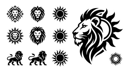 Lion Head and Sun Icons Collection: Tribal, Geometric, Silhouette Art © khami