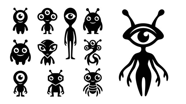 Set of Diverse Alien Characters Silhouette Icons