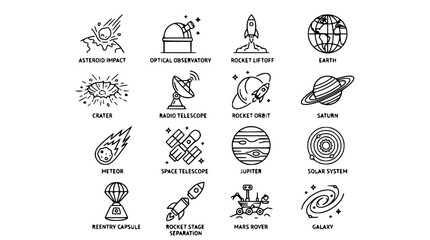Space Icons: Asteroid, Rocket, Earth, Saturn, Mars Rover, Galaxy & More - Vector Set © Embun