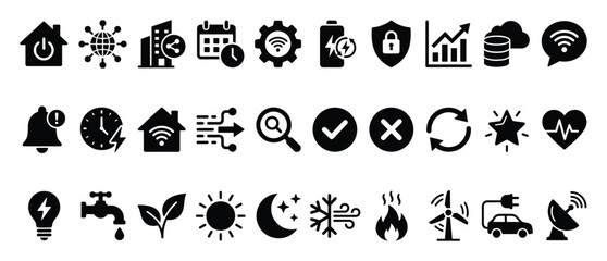 Obraz premium Smart home technology icons. IoT connection symbols. Energy management and security glyphs. Flat style icon set. Stock vector.