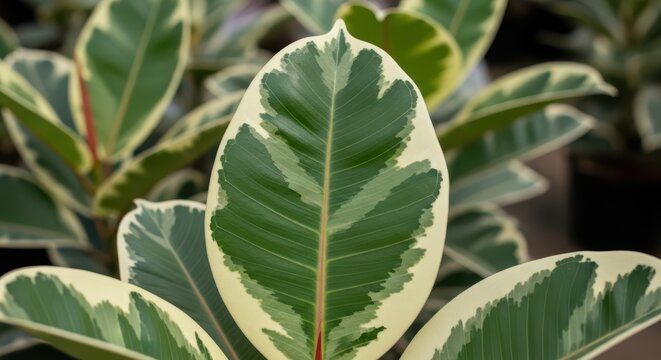 Closeup of a variegated ficus elastica tineke leaf with green and cream patterns