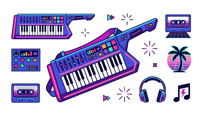 Retro-futuristic neon keytar synthesizer for 1980s synthwave music branding and summer night festival instrument promotions