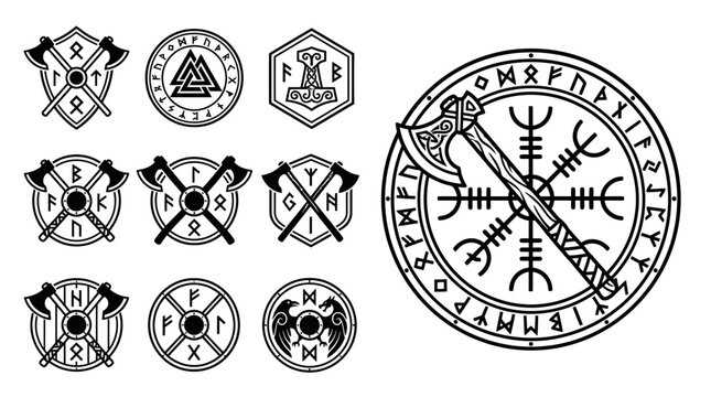 Viking Symbols and Runes: Axe, Shields, Helm of Awe, Thor's Hammer, Valknut