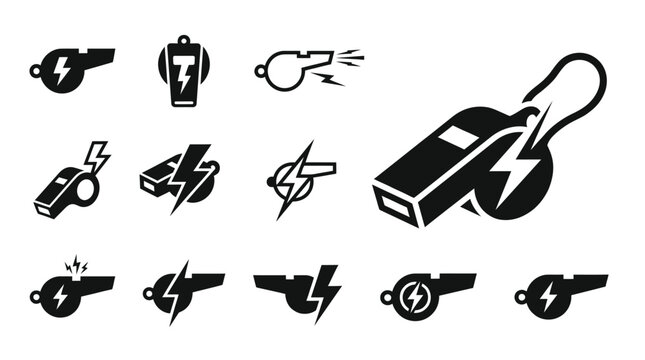 Set of Black Whistle Icons with Lightning Bolt Symbol, Sports Referee Equipment