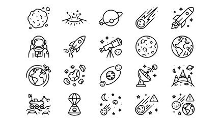 Space Icons Set: Astronaut, Rocket, Planets, Stars, Moon, Earth, Meteor, Satellite © Embun