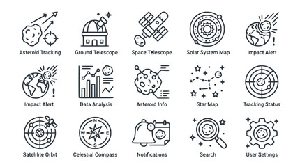 Space Icons Set: Asteroids, Telescopes, Satellites, Solar System, Astronomy © Embun