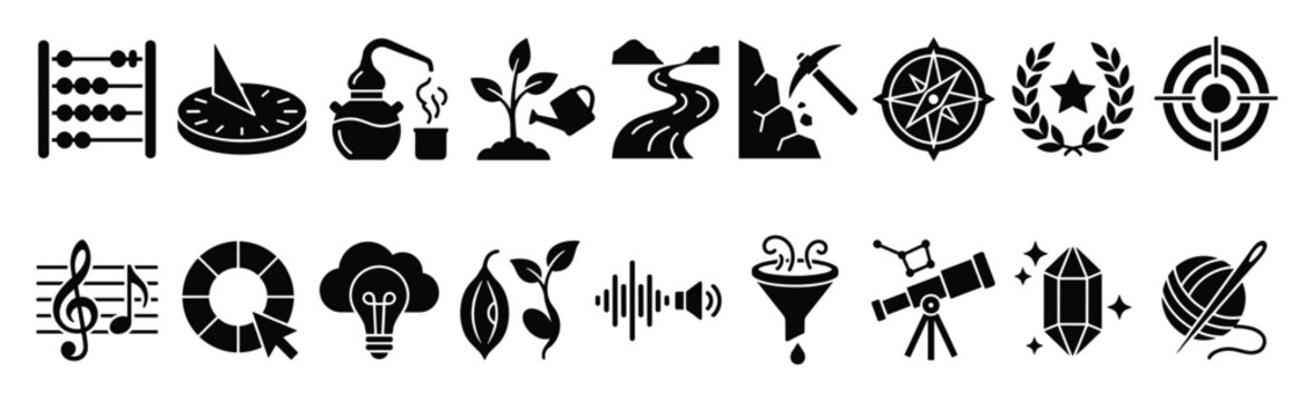 Knowledge and learning icons. Science and nature symbols. Discovery and creativity flat style icon set. Stock vector.