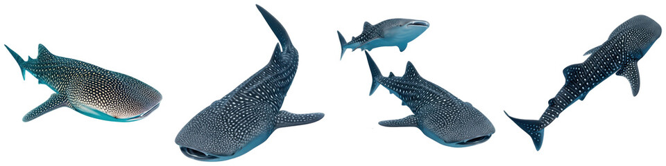 stunning realistic photographs of majestic whale sharks gracefully swimming in the deep blue ocean, isolated for marine life, conservation, and underwater adventure themes. © My