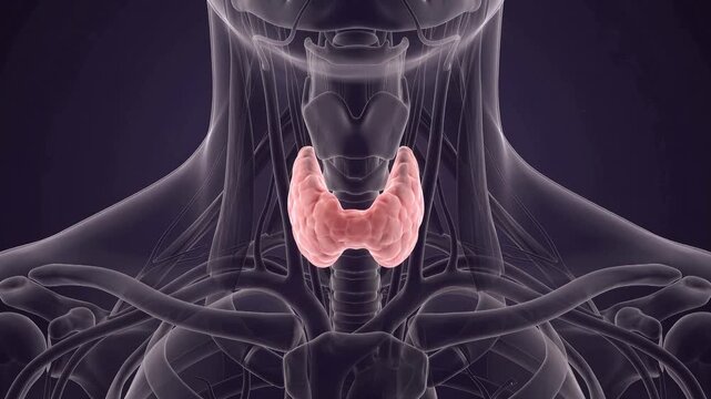 3D thyroid gland glowing red within transparent X-ray human neck anatomy, detailed medical visualization, endocrine health and diagnostic concept, 4K video