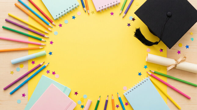 Bright yellow graduation-themed flat lay featuring notebooks, stationery supplies, and academic accessories surrounding a large central copy space. Ideal for student campaigns