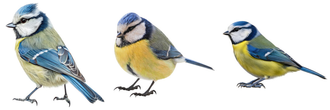 a series of vibrant, realistic photographs featuring small eurasian blue tits perching, captured against a clean background, perfect for wildlife, nature, and avian studies.