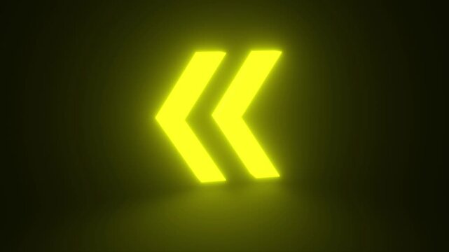 Yellow Rewinding Sign Glowing and Rotating on Black Background