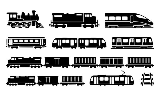 Black Railway Transportation Train Icons Vector Illustration Pack