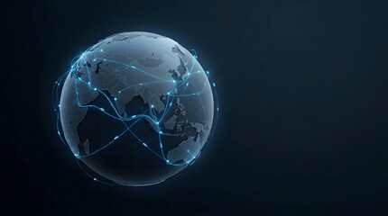 Fototapeta premium Futuristic digital illustration of planet earth globe showing global communication network lines on dark background