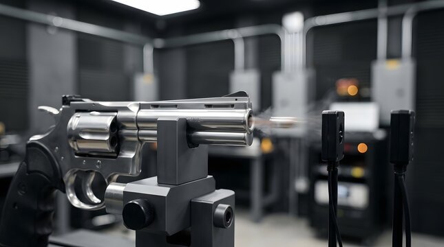 Classic steel revolver handgun mounted on technical testing stand inside modern ballistics laboratory