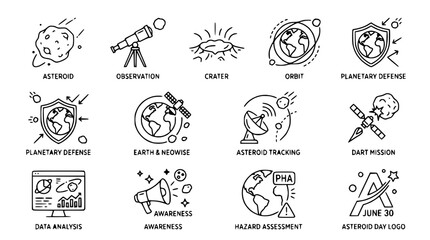 Space Exploration Icons: Asteroids, Planets, Satellites, and Astronomy Concepts © Embun