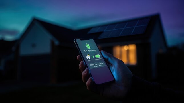 Smart home energy monitoring app on smartphone screen showing solar battery storage status in front of residential house at night for sustainable power management