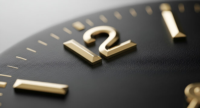 Close-up of golden clock face showing 12 o'clock, black background