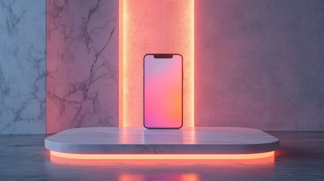Modern smartphone with a blank screen stands on a premium white marble platform illuminated by vibrant glowing neon orange lights in a sleek minimalist studio