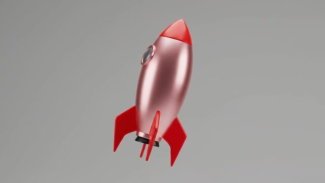 3D metallic red and silver rocket ship launching on gray background.
