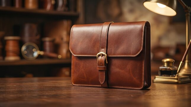 A stylish brown leather satchel with a buckle sits on a wooden surface under warm lighting in a cozy, vintage-inspired setting.