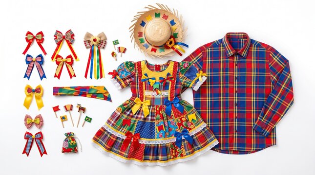 Festa Junina costume and accessories for children with colorful plaid patterns and straw hat
