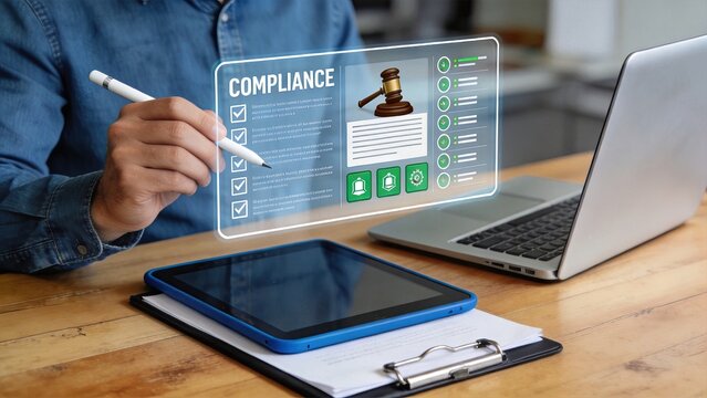 Compliance legal regulations concept, digital checklist interface with gavel icon, businessman holding stylus pen near tablet and laptop, ensuring regulatory adherence and policy