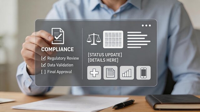 Businessman interacting with transparent compliance interface showing regulatory review, data validation and approval status for legal documentation, audit processes and corporate