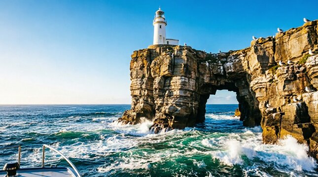 Spectacular coastal seascape featuring white lighthouse perched on massive rocky sea stack with natural arch formation, turquoise ocean waves crashing against weathered cliffs under clear blue sky, dr