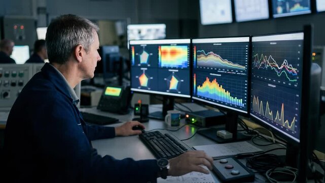 Technician reviewing detailed dashboard displays visualizing anode performance metrics and consumption trends in an industrial control room