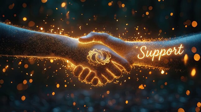 Two glowing hands shaking, surrounded by sparkling particles, with the word "Support" written beside them, symbolizing cooperation and assistance.