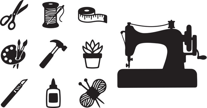 Sewing and crafting tools silhouette illustration set