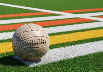 Obraz premium A grainy vintage soccer ball rests on a textured field with bold athletic stripes and retro color palettes for a classic sports final vibe, football, sphere, grain