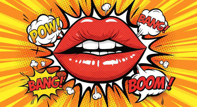 Vibrant comic book style illustration of lips with explosive effects.