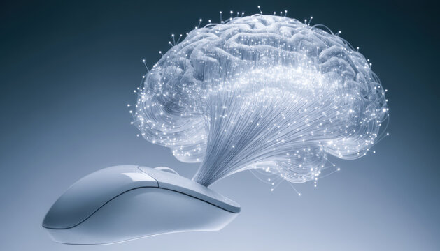 Digital brain network emerging from computer mouse symbolizing medical science and industrial technology innovation in brain research