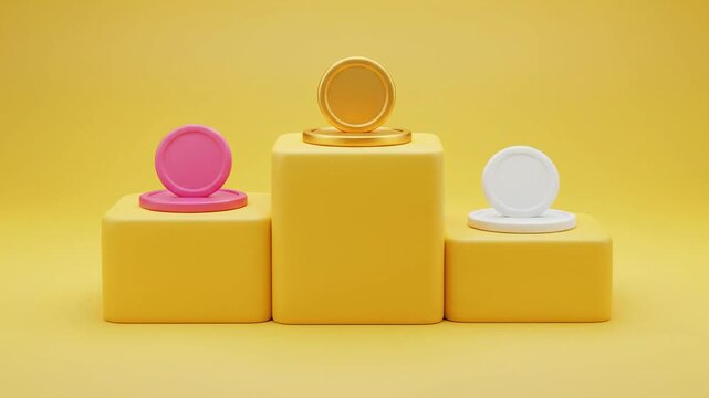 3D yellow minimalist podium with three levels and number two on center block.