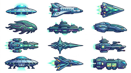 Collection of diverse futuristic spacecraft and alien UFOs. © Shella
