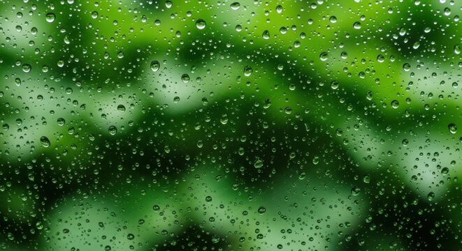 Raindrops on a window pane with a blurred green background