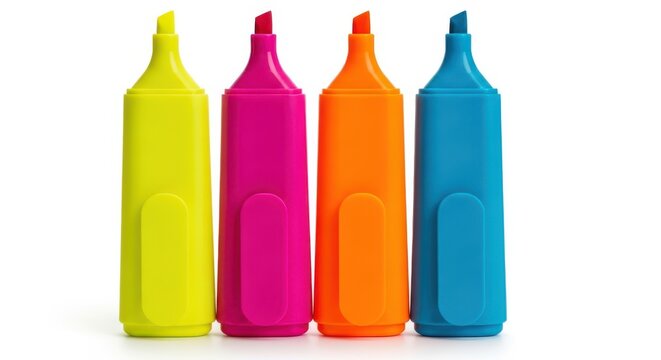 Four colorful highlighter pens in yellow, pink, orange, and blue isolated on white background