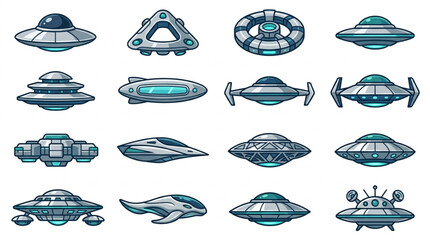 Collection of diverse alien spacecraft and flying saucers isolated on white background. © Shella