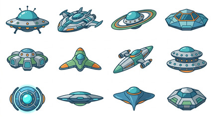 Collection of diverse cartoon style alien spacecraft and UFOs. © Shella